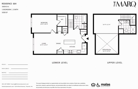 Floor plan for 1 bed, 2 baths, 1005 sqft